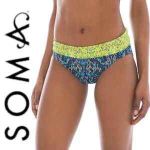 SOMA SWIM Blue & Yellow Slimming Foldover Hipster Bottom in Porto Tile Sz L NWT